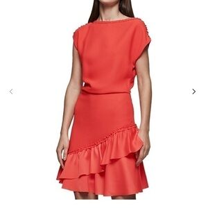Reiss Cecilia Sleeve Detail red asymmetric ruffle Dress, Vermillion size 8